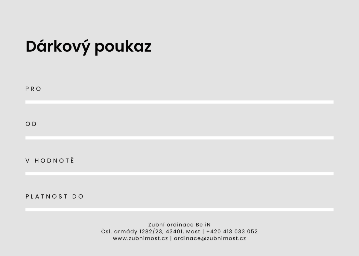 Dárkový poukaz Be iN - zadní strana s políčky pro, od, v hodnotě a platnost do